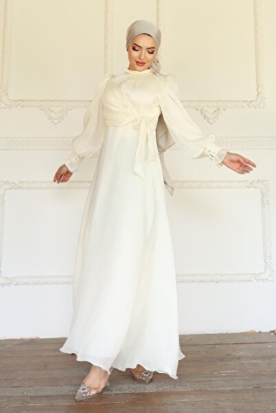 Olcay Side Tie Cuff Detail Yoryo Silk Hijab Evening Dress Ecru 1241