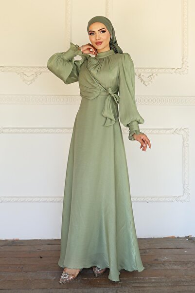 Olcay Yoryo Silk Hijab Evening Dress with Side Tie Cuff Detail Çağla 1241
