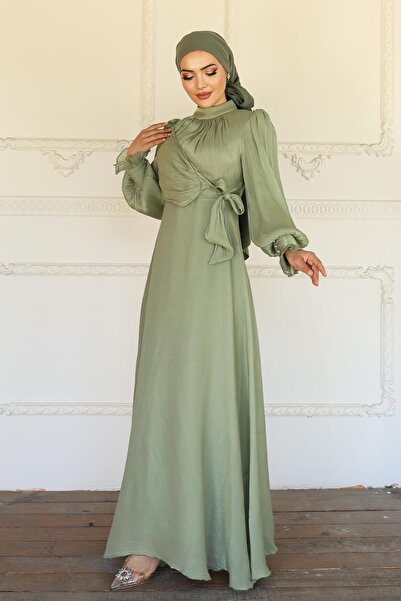 Olcay Yoryo Silk Hijab Evening Dress with Side Tie Cuff Detail Çağla 1241