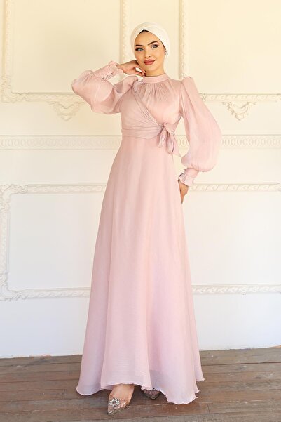 Olcay Yoryo Silk Hijab Evening Dress with Side Tie Cuff Detail Pudra 1241