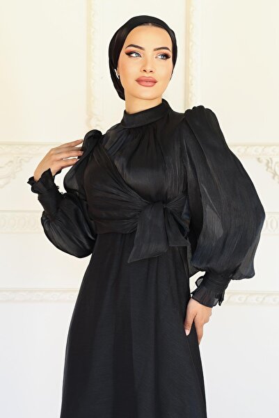 Olcay Βραδινό φόρεμα Yoryo Silk Hijab με λεπτομέρεια με πλαϊνή δέσιμο μανσέτα ΜΑΥΡΟ 1241