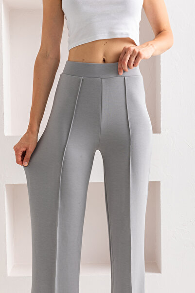 CNRCollection Kadın Gri Yüksek Bel Toparlayıcı Önü Nervürlü Geniş Kalıp Bol Paça Modal Kumaş Tayt Pantolon