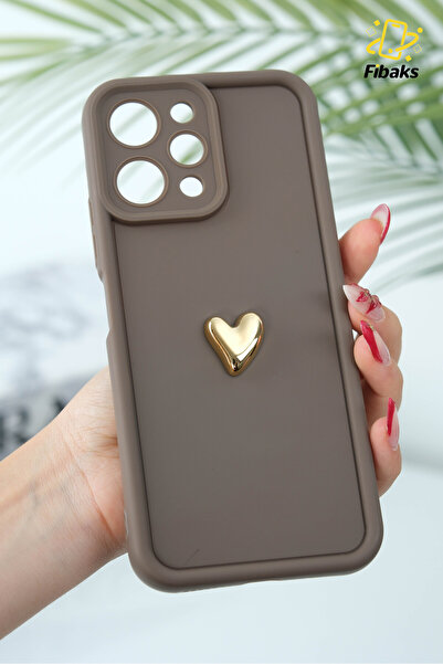 Fibaks Redmi 12 Kılıf 3D Kalp Tasarımlı Kahverengi Desenli Yumuşak Kamera Kor...