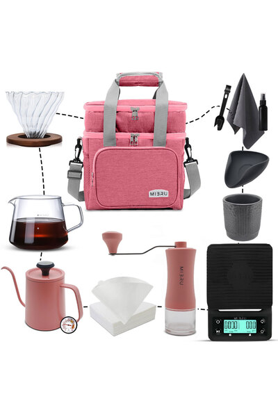 MIBRU مجموعة V60 مكونة من 12 قطعة من ملحقات صب القهوة الفاخرة مع حقيبة، وميزان ماكينة صنع القهوة بالتنقيط مقاس 02 وردي