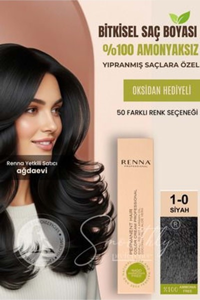 Renna AMONYAKSIZ Bitkisel Yıpranmış Saçlar İçin Saç Boyası 1-0 SİYAH 60ml