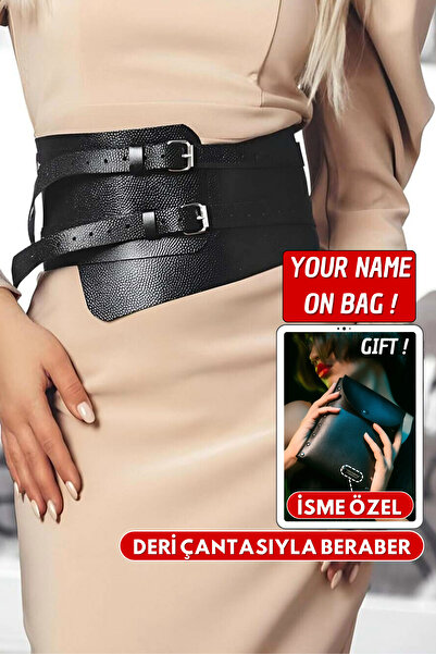 Angels Passion İsminize Özel Deri Çantasıyla Beraber Beli Saran Çift Tokalı Deri Kadın Kemeri
