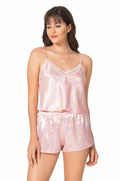 PRIMODA 9053 Thin Strap Satin Babydoll Shorts Set