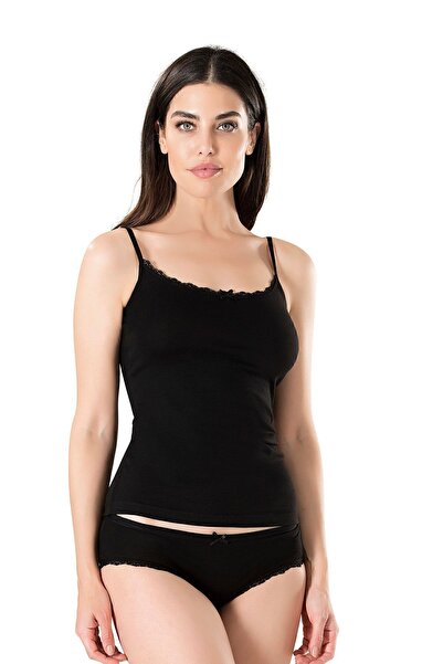 ÖZKAN underwear Özkan 25505 Kadın Pamuklu Ince Askılı Yakası Dantelli Atlet Külot Iç Giyim Takım