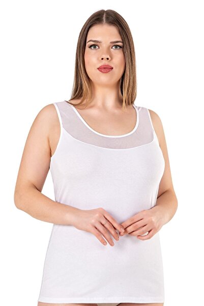 ÖZKAN underwear Özkan 20575-bb White Women's Large Size Cotton Lycra Tulle Detailed Thick Strap Pool Collar Athlete