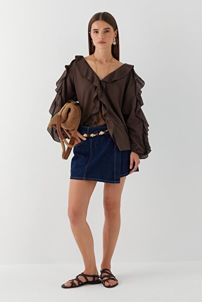 MARKALİSTE Shirt with Ruffled Collar and Sleeves Brown