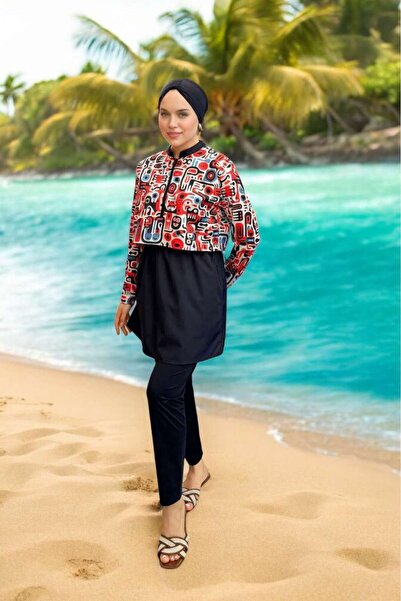 Besa Μαγιό Hijab με ψηφιακό σχέδιο μαύρο 3 τεμάχια Σετ μπαντάκι, τοπ, κάτω μέρος που δεν δείχνει τις γραμμές του δέρματος και του σώματος