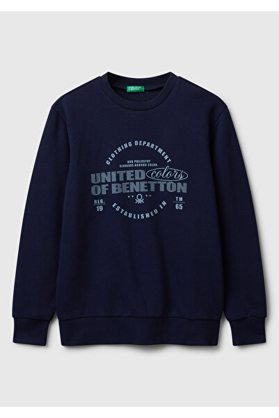 United Colors of Benetton Boy's Navy Blue Regular Fit Sweatshirt with Logo Print on the Front and Crew Neck