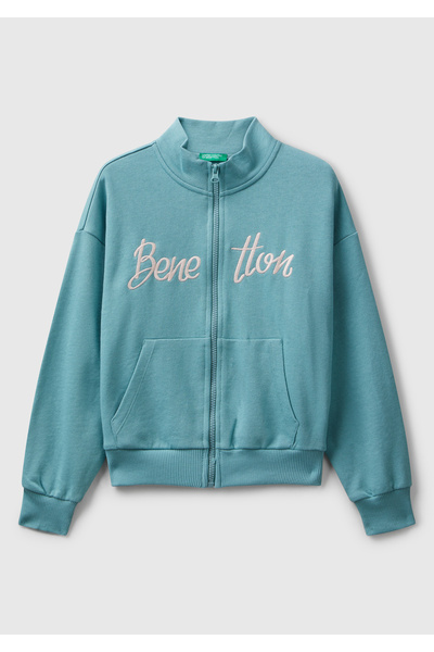 United Colors of Benetton Girl's Grey-Green Zippered Stand Collar Sweatshirt with Logo Embroidery on the Front and Pockets