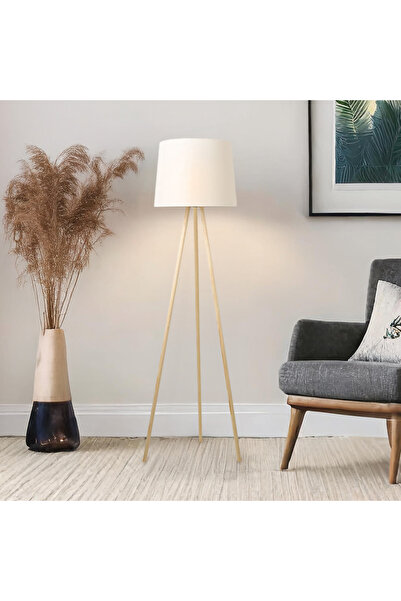 Evidea Lighting Ahşap Ayak Tripod Lambader - Natürel / Beyaz