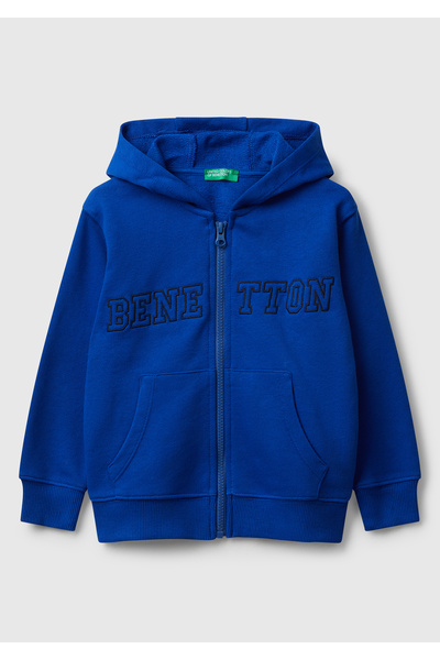 United Colors of Benetton Boy's Saks Blue Zippered Hooded Sweatshirt with Logo Print on the Front