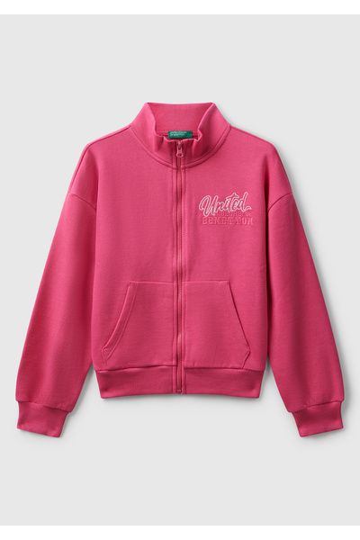 United Colors of Benetton Girl's Pink Front Logo Embroidered Zippered Stand Collar Sweatshirt with Pockets