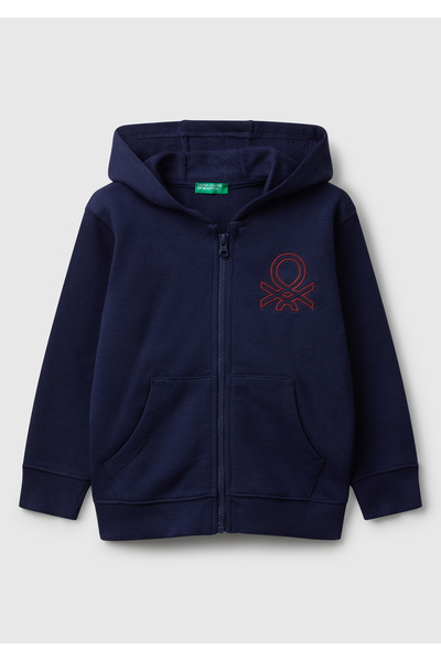 United Colors of Benetton Boy's Navy Blue Zippered Hooded Sweatshirt with Logo Print on the Front