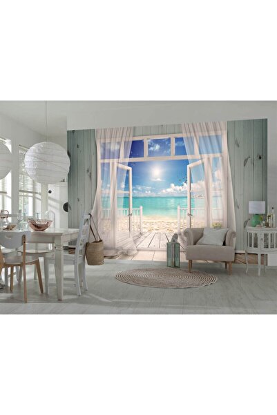 Özen Duvar Kağıtları Ahşap Duvar Arasında Beyaz Perdeler ve Sahil Doğa Manzar...