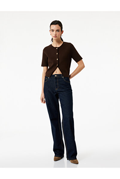 Koton Asymmetrical Short Sleeve Crew Neck Button Cardigan