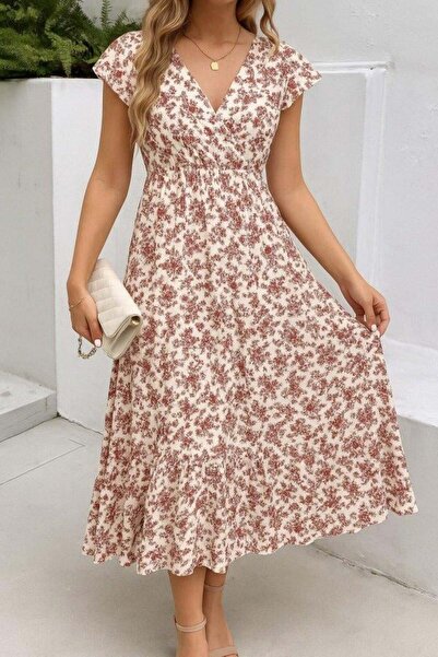 babatr.com فستان نسائي بأكمام قصيرة وياقة مزدوجة الصدر وخصر مطاطي مزين بنقشة ...