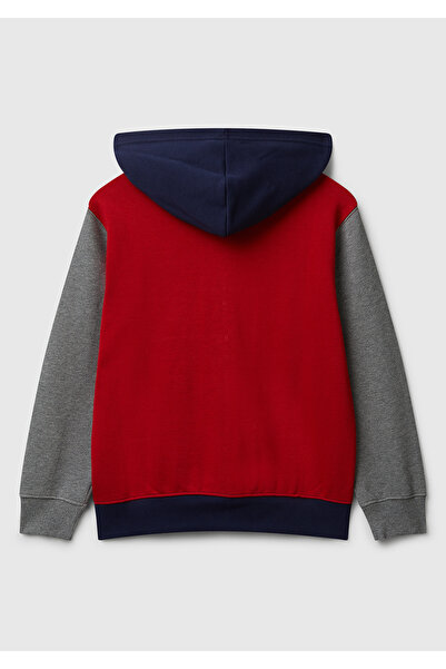 United Colors of Benetton Boy's Red-Grey Zippered Hooded Sweatshirt with Logo Detail on the Front