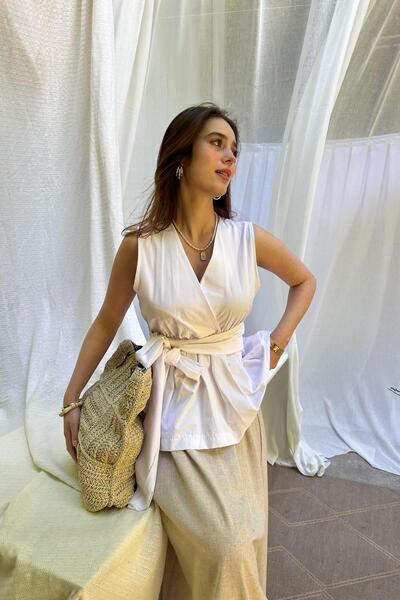 lizge giyim Beli Belted Double-Breasted Sleeveless Shirt