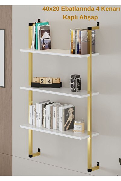 Euromob 3 Raflı Beyaz Kitaplık | Gold Profil | Duvar Rafı | 40x20 Ebatında Ahşap