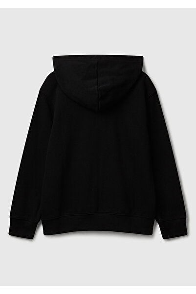 United Colors of Benetton Boy's Black Zippered Hooded Sweatshirt with Logo Detail on the Front