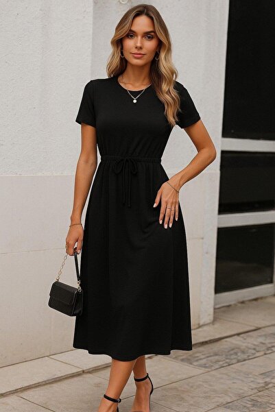 Ekince Women's Short Sleeve Crew Neck Tie Waist Front Lace Detailed Maxi Leng...