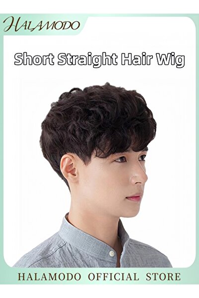 HALAMODO باروكة شعر قصيرة ومستقيمة باللون الأسود