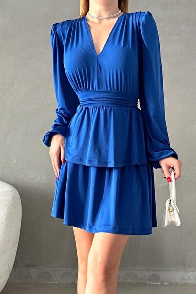 lovebox Жіноча еластична тканина Sandy з багатошаровим дизайном, V-подібний виріз, довгі рукави, саксі, синя міні-сукня для вечірнього виходу 582661