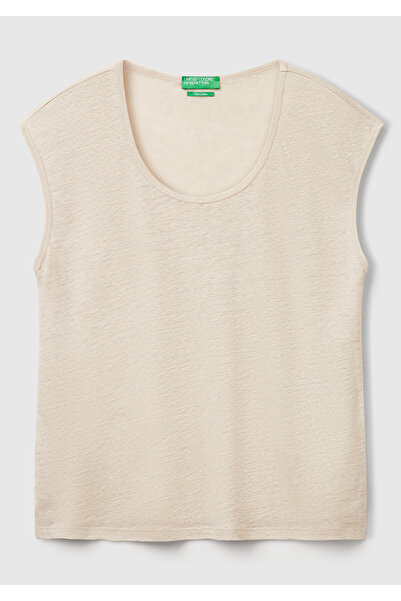 United Colors of Benetton Women's Stone Color 100% Linen Relax Fit Round Neck T-Shirt with Side Slits