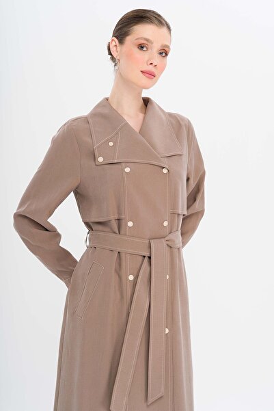 Olcay Handkerchief Collar Cape and Snap Detailed Unlined Modal Cap A.Brown 6729