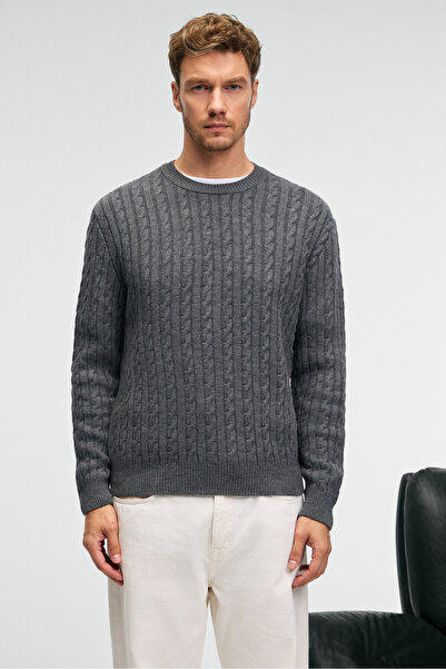 GRIMELANGE Vintlace men's round neck hair knit pattern regular fit knitwear anthracite sweater