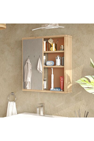 Yurupa Marble Aynalı Lavabo Üstü Banyo Dolabı Raflı Kapaklı 60cm Sepet-Kiremit MAR1-SK