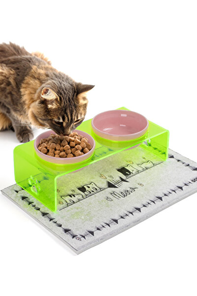 GOBYPET 2'li Yeşil Pleksi Dekoratif Kedi Ve Köpek Seramik Mama & Su Kabı Pasp...