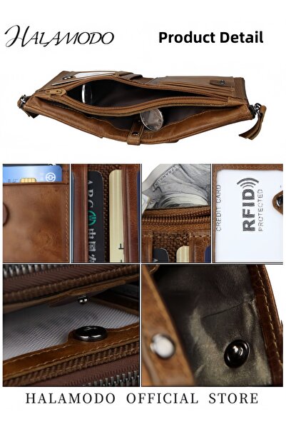 HALAMODO Double Zipper Leather Wallet Brown