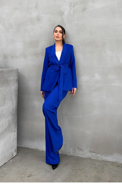 msm fashion Women's Double Belted Blazer Jacket Pants Set