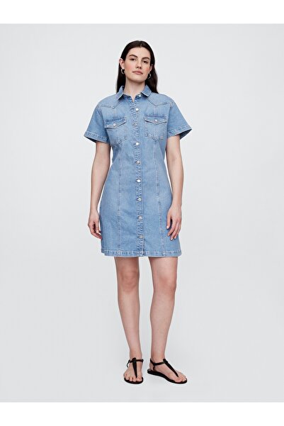GAP Kadın Mavi Klasik Yaka Denim Mini Elbise