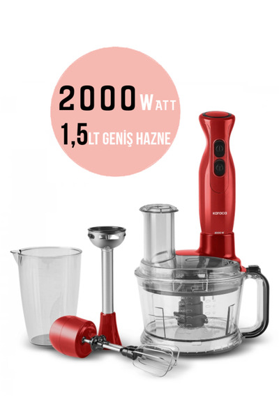 Karaca PRO-2000W مفرمة توربو، قطاعة روندو، خلاط - خلاط فولاذي ثنائي، محضر طعام كسارة الجليد