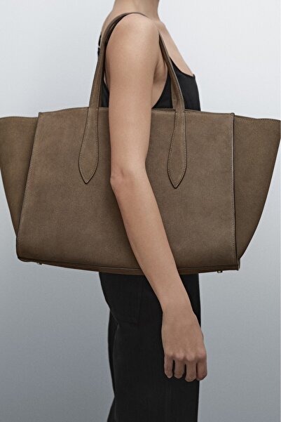 Massimo Dutti Kalın süet derimbüyük tote çanta