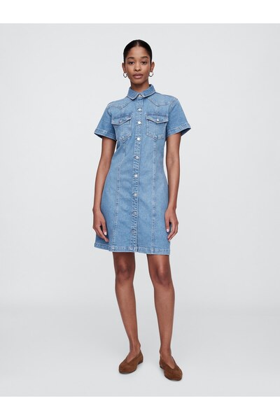 GAP Kadın Mavi Klasik Yaka Denim Mini Elbise