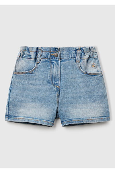 United Colors of Benetton Kız Çocuk Açık Denim Logolu Taş Yıkama Beli Lastikli Streç Denim Şort