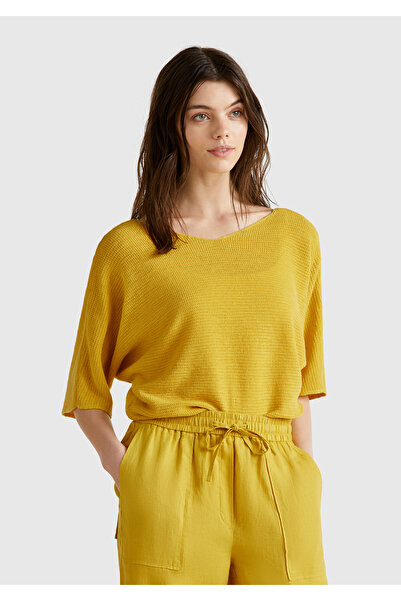 United Colors of Benetton Top fără mâneci pentru femei, din amestec de bumbac și in, cu dungi, fără cusături, cu decolteu în V