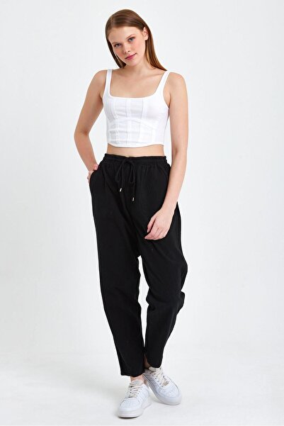 COMBİNE MİCHAİL Black High Waist Elastic Waist Linen Trousers
