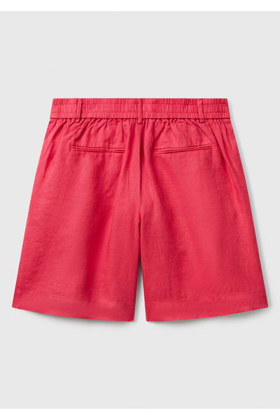 United Colors of Benetton Kadın Fuşya %100 Keten Arka Beli Lastikli Pileli Relax Fit Bermuda Şort