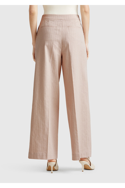 United Colors of Benetton Women's Beige Cotton and Linen Blend Palazzo Pants with Thin Stripes