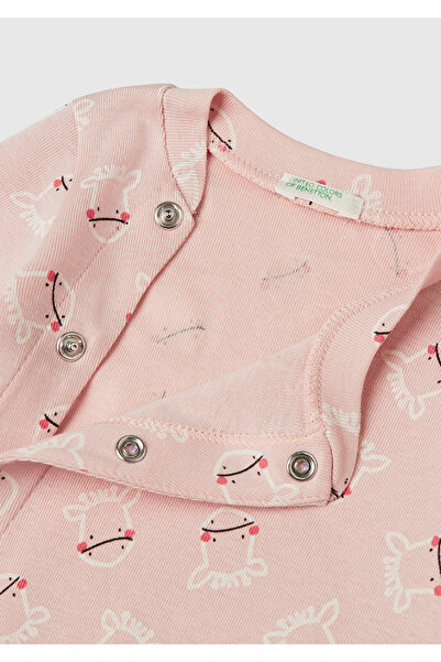 United Colors of Benetton Bebek Toz Pembe Desenli Çıtçıtlı Uzun Kollu Tulum