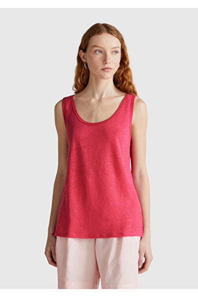 United Colors of Benetton Women's Fuchsia 100% Linen Regular Fit Round Neck Undershirt with Side Slits