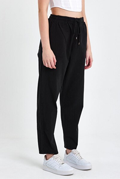 COMBİNE MİCHAİL Black High Waist Elastic Waist Linen Trousers